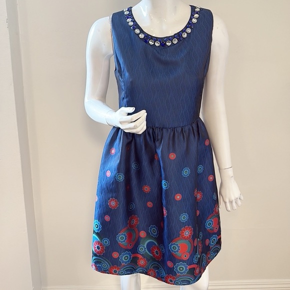 RED Valentino Blue & Red Floral Circular Swirl Patterned Fit & Flare Mini  Dress